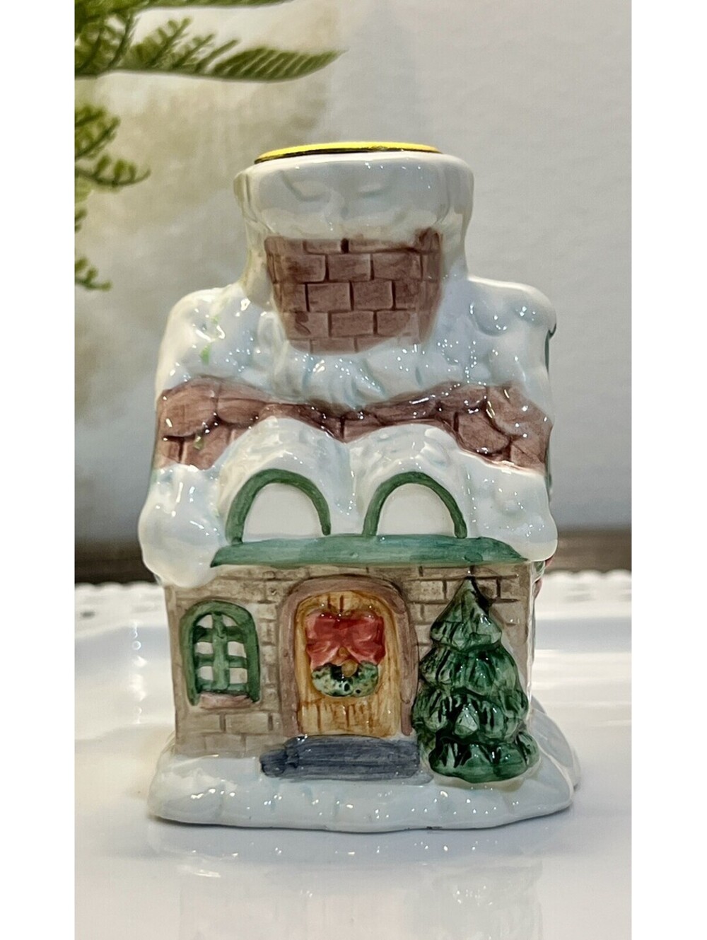 Vintage 1996 YH christmas candle holder- Taper Holder Ceramic Christmas Cottage